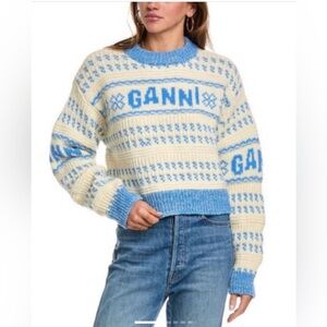 Ganni Cream and Light Blue Fair Isle Logo Crewneck Sweater, XXS